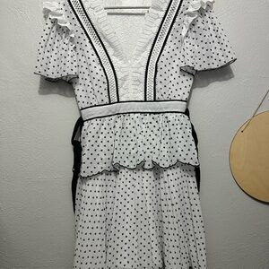 Elegant White and Black Heart-Shaped Polka Dot Dress